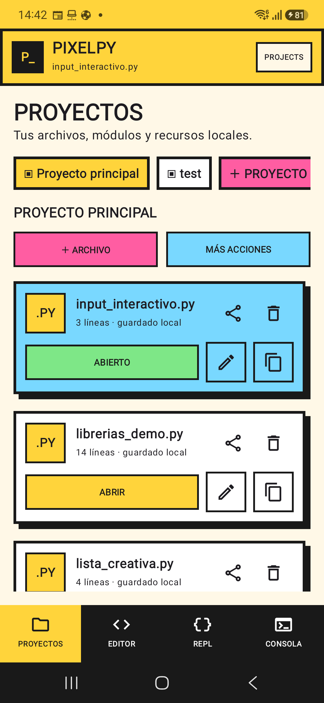Pantalla de proyectos de PixelPy para Android