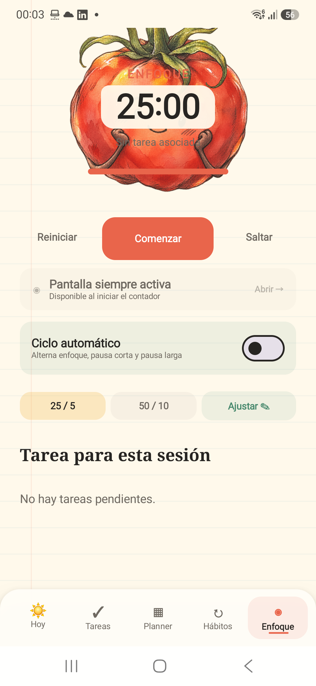Modo Pomodoro ilustrado de Trazo