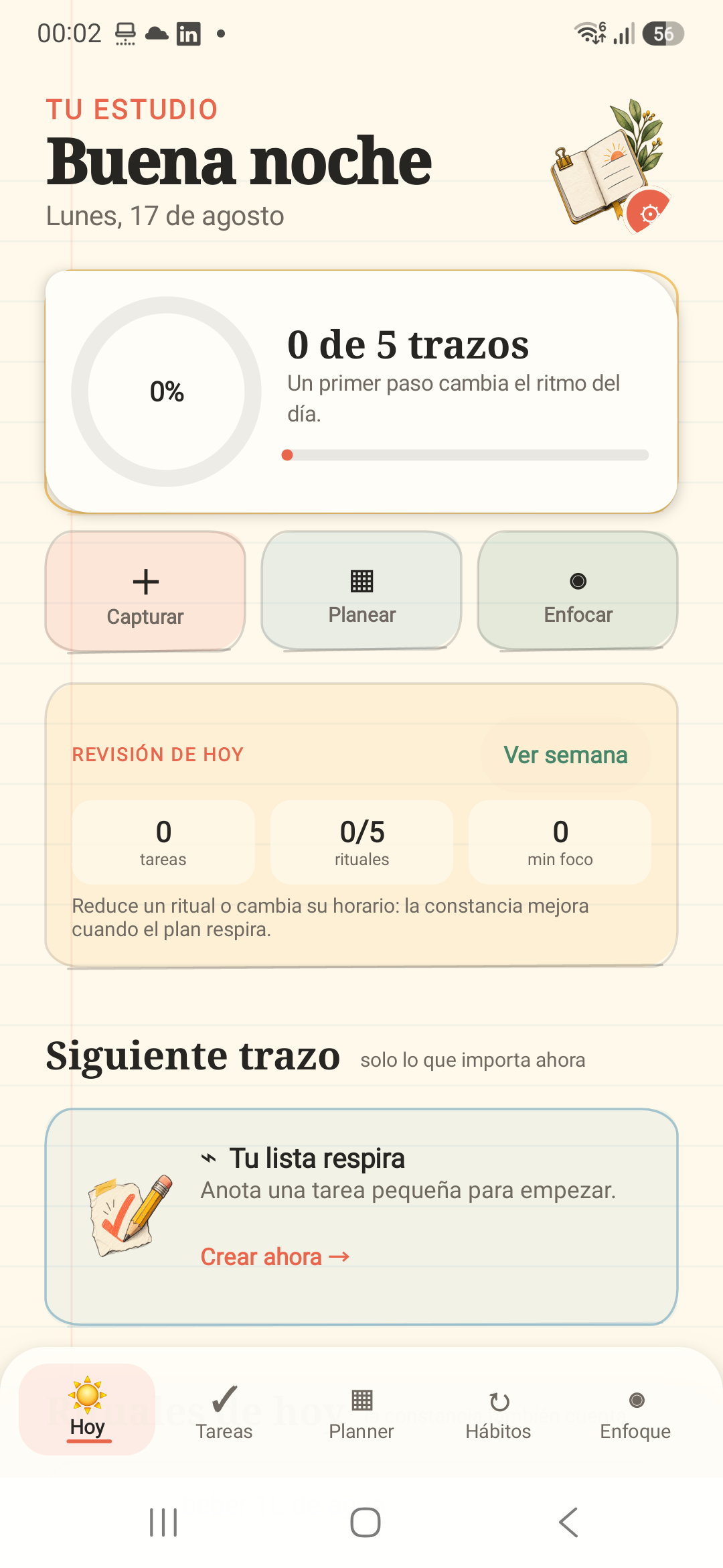Pantalla Hoy de Trazo con progreso y tareas del día